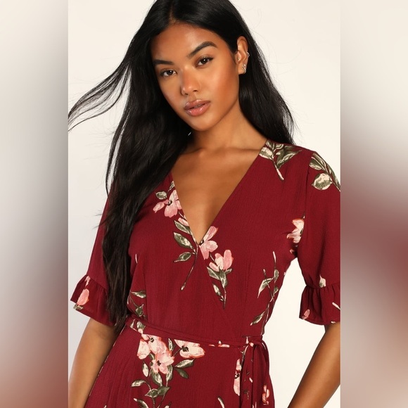 NWOT Lulus September Sunsets Burgundy Floral Print Wrap Maxi Dress - Picture 4 of 9
